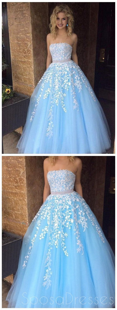 Straight Lace Beaded Blue A-line Long Evening Prom Dresses, Cheap Sweet 16 Dresses, 18378