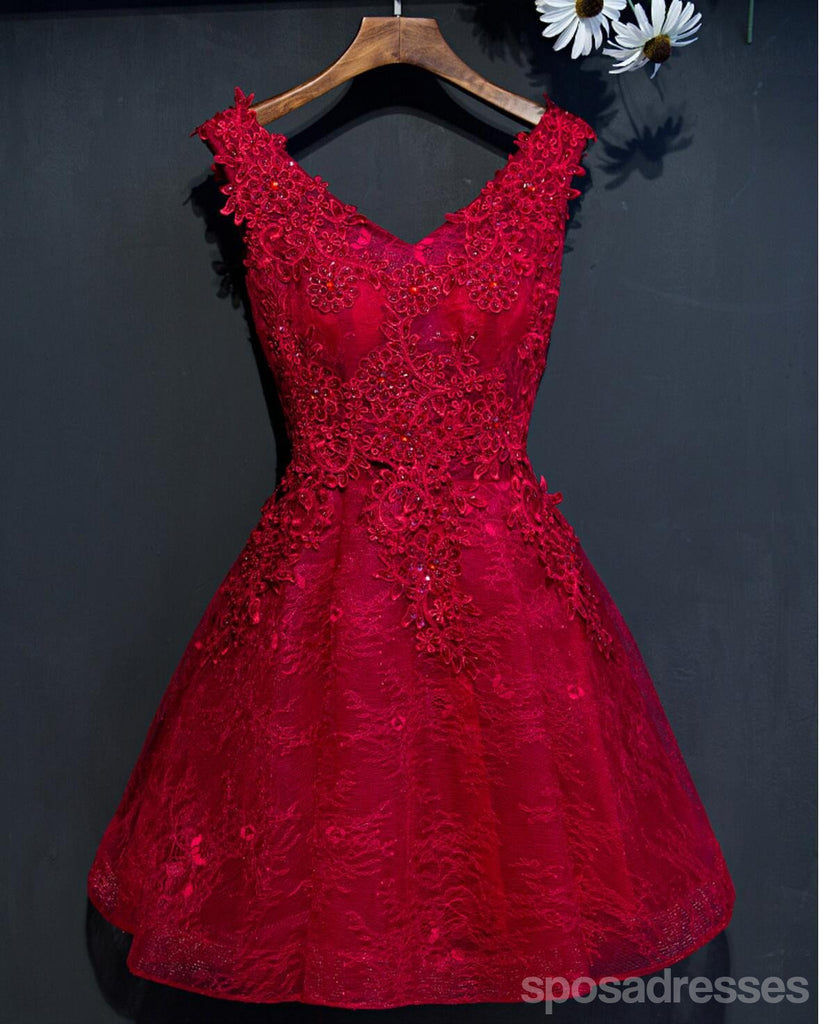 Two Straps Red Lace Heavily Beaded Homecoming Prom Dresses, Cheap Homecoming Dresses, CM265