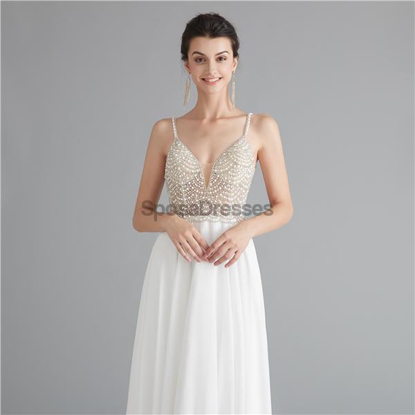 Sexy Backless Spaghetti Straps Beaded See Through Long Evening Prom Dresses, Evening Party Prom Dresses, 12121