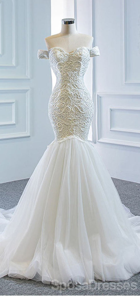 Off Shoulder Lace Mermaid Wedding Dresses, Cheap Wedding Gown, WD717