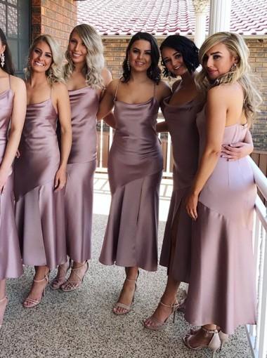 Spahgetti Straps Dusty Purple Tea Length Cheap Custom Bridesmaid Dresses, WG270