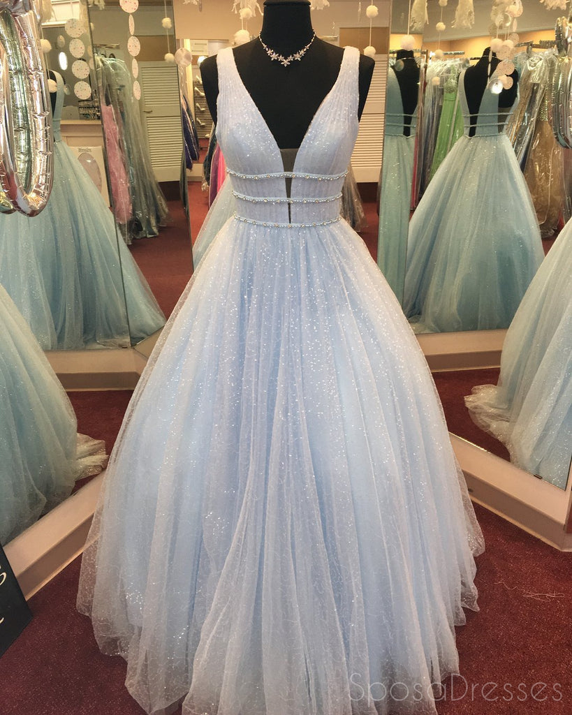 Blush Pink V Neck Straps A-line Sparkly Tulle Long Evening Prom Dresses, 17562