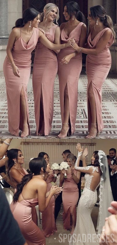 V neck Side Slit Mermaid Dusty Pink Long Bridesmaid Dresses Online,  WG746