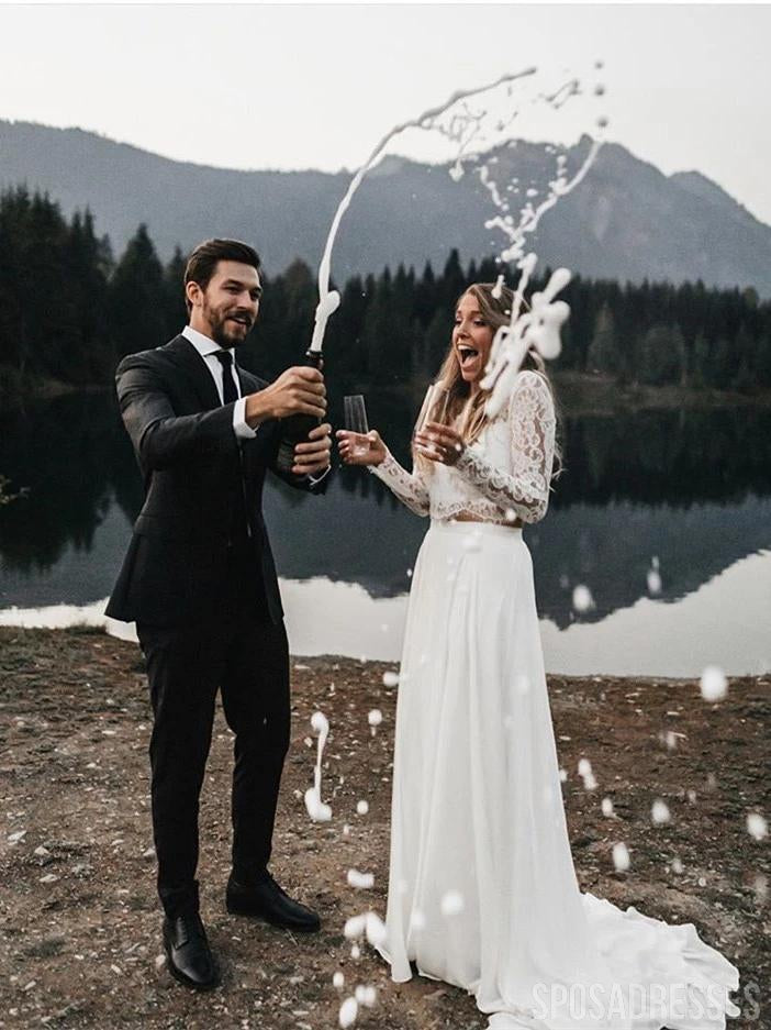 Two Pieces Long Sleeves Lace Wedding Dresses Online, Cheap Wedding Gown, WD666