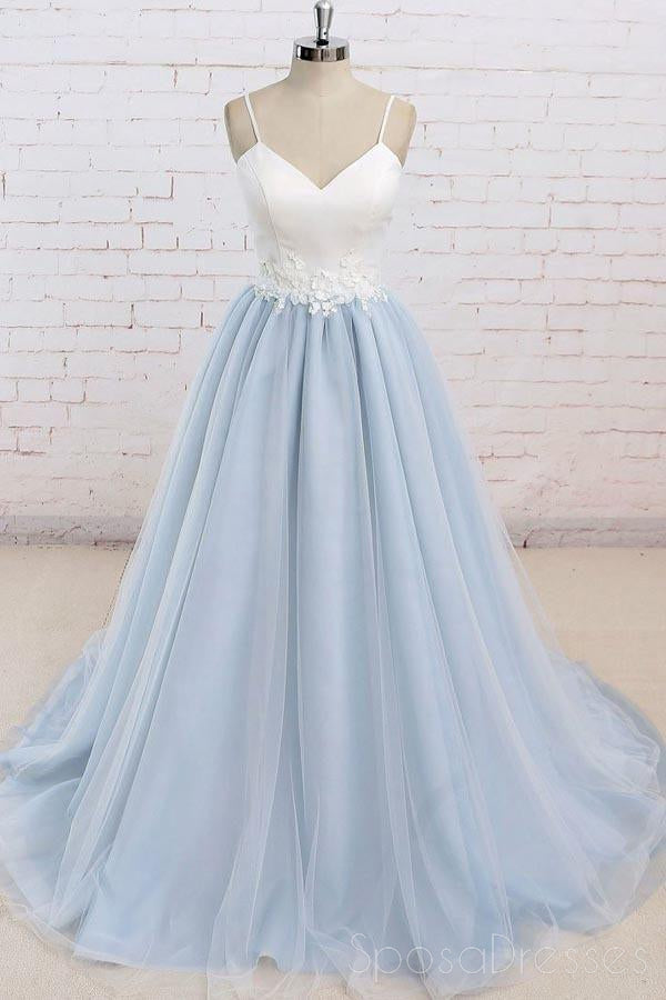Simple Spaghetti Straps Light Blue A line Long Evening Prom Dresses, 17525