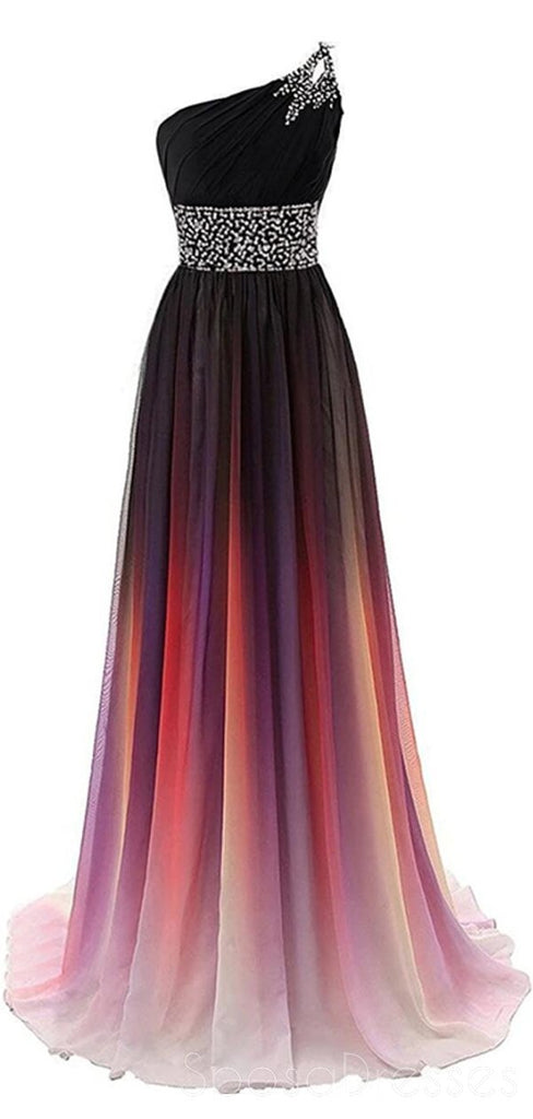 One Shoulder Chiffon Ombre Beaded Long Evening Prom Dresses, Cheap Sweet 16 Dresses, 18420