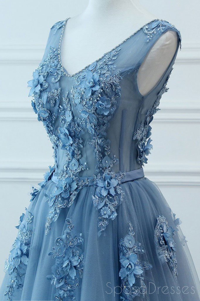 V Neck Dusty Blue Lace Beaded Long Evening Prom Dresses, Cheap Custom Party Prom Dresses, 18585