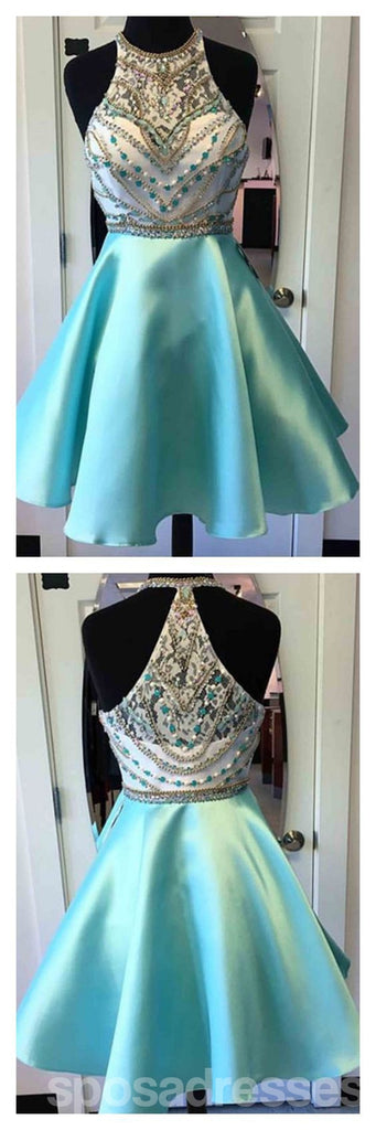 Heavily Beaded Green Halter Short Homecoming Prom Dresses, AffordableSweet 16 Dresses, CM3590