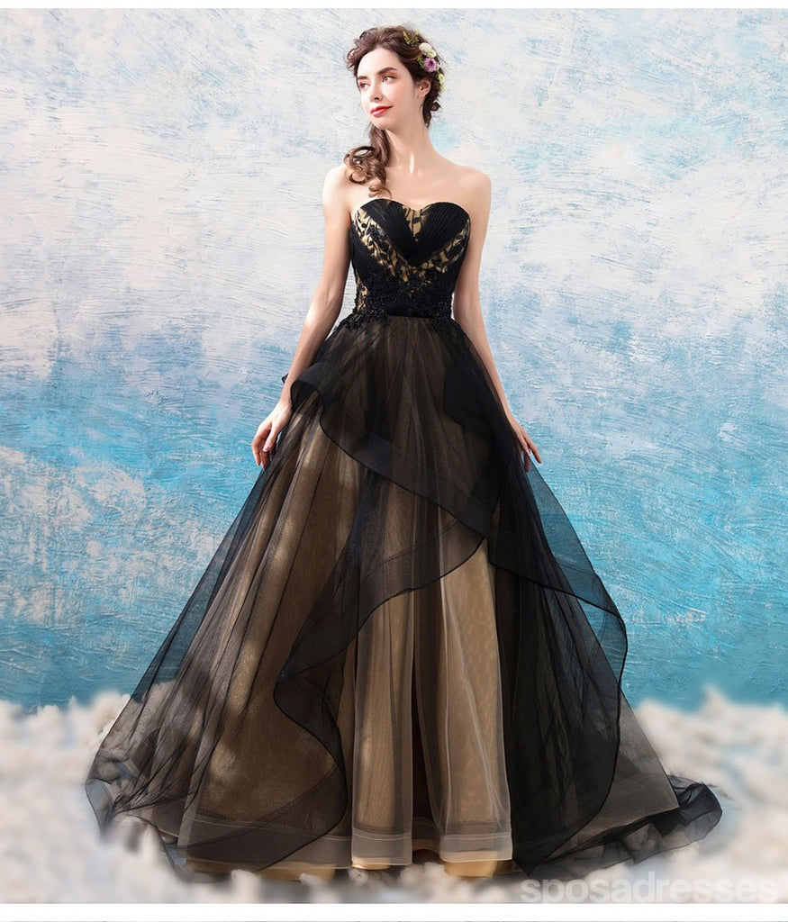 Sweetheart Black Strapless A-line Long Evening Party Prom Dresses, Prom Dresses Stores,12524