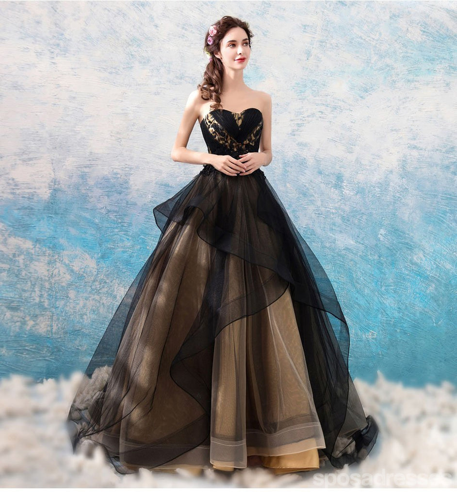 Sweetheart Black Strapless A-line Long Evening Party Prom Dresses, Prom Dresses Stores,12524