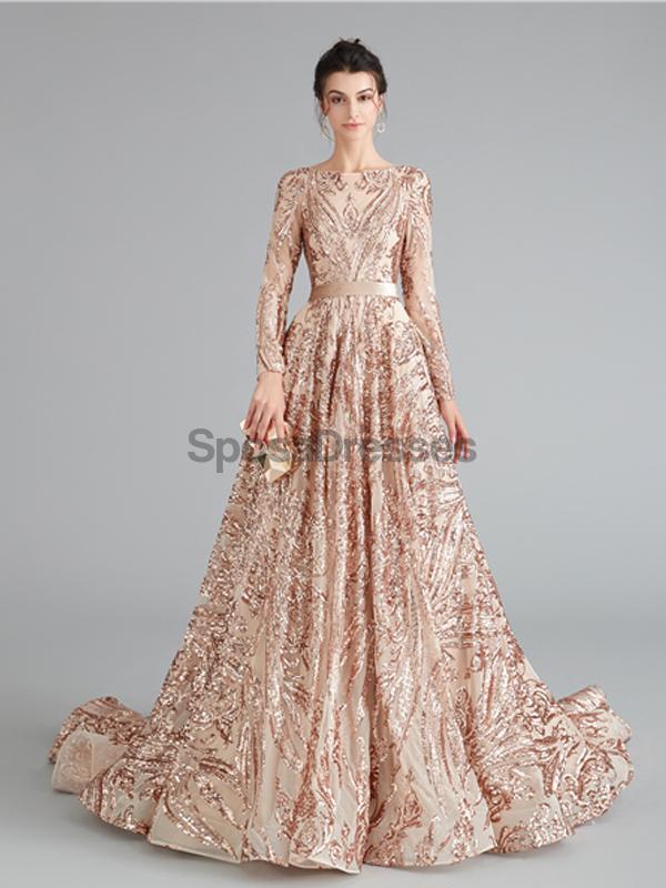 Long Sleeves Sparkly Rose Gold Backless Evening Prom Dresses, Evening Party Prom Dresses, 12111