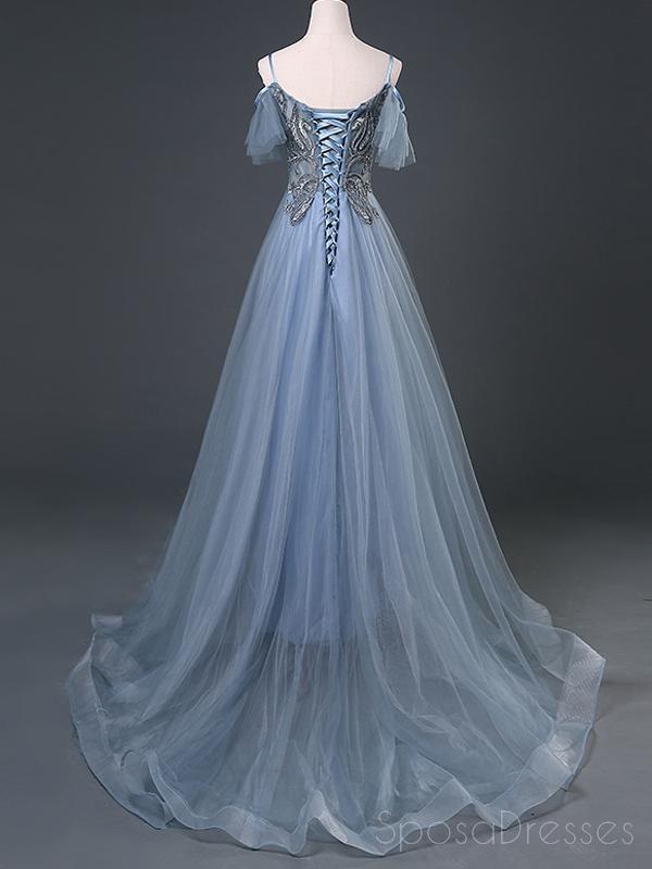 Spaghetti Straps Grey Blue Lace Beaded Cheap Long Evening Prom Dresses, Evening Party Prom Dresses, 18642