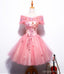 Off Shoulder Peach Lace Cute Homecoming Prom Dresses, Affordable Short Party Prom Dresses, Perfect Homecoming Dresses, CM323