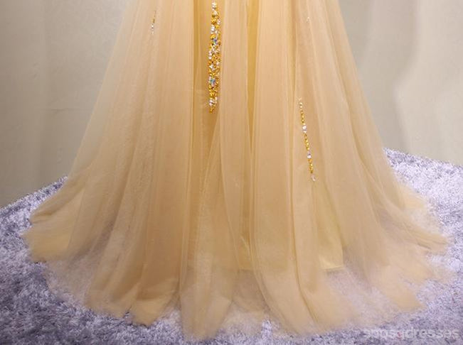 Strapless Sweetheart Gold Tulle Beaded A-line Long Evening Prom Dresses, 17617