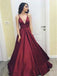 Simple Cheap Maroon Sexy Deep V Neckline A line Long Evening Prom Dresses, Popular Cheap Long Custom Party Prom Dresses, 17324