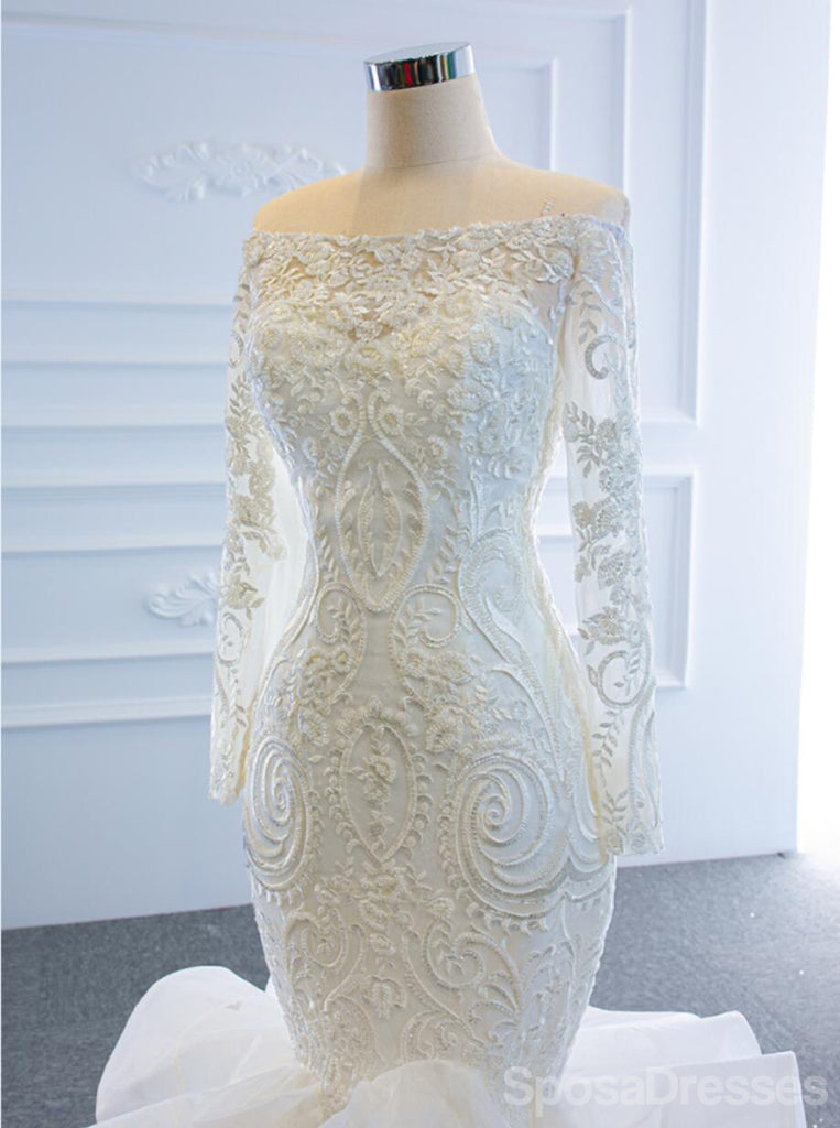 Long Off Shoulder Lace Mermaid Wedding Dresses, Cheap Wedding Gown, WD719