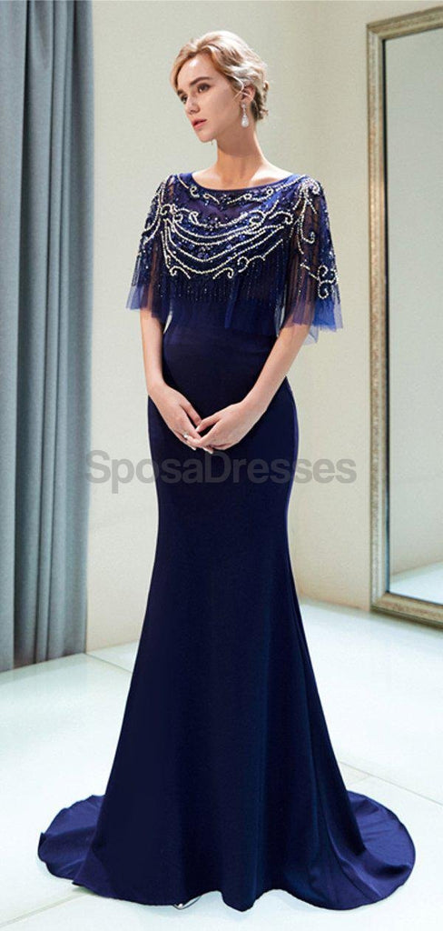 Scoop Navy Beaded 1/2 Long Sleeves Mermaid Evening Prom Dresses, Evening Party Prom Dresses, 12029