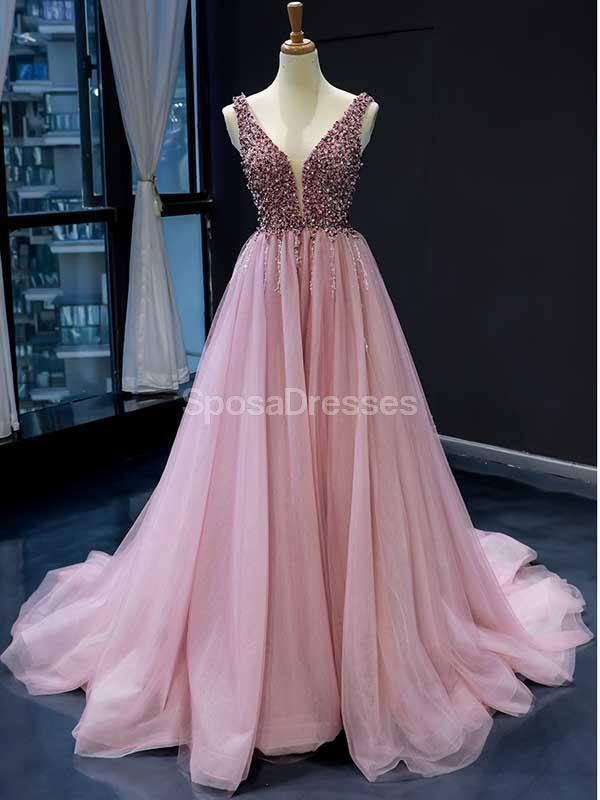 V Neck Peach Rhinestone Beaded Long Evening Prom Dresses, Evening Party Prom Dresses, 12242