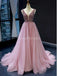 V Neck Peach Rhinestone Beaded Long Evening Prom Dresses, Evening Party Prom Dresses, 12242