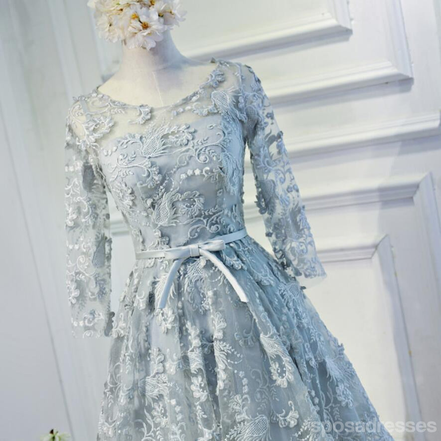Long Sleeve Grey Lace Modest Homecoming Prom Dresses, Affordable Short Party Prom Dresses, Perfect Homecoming Dresses, CM296