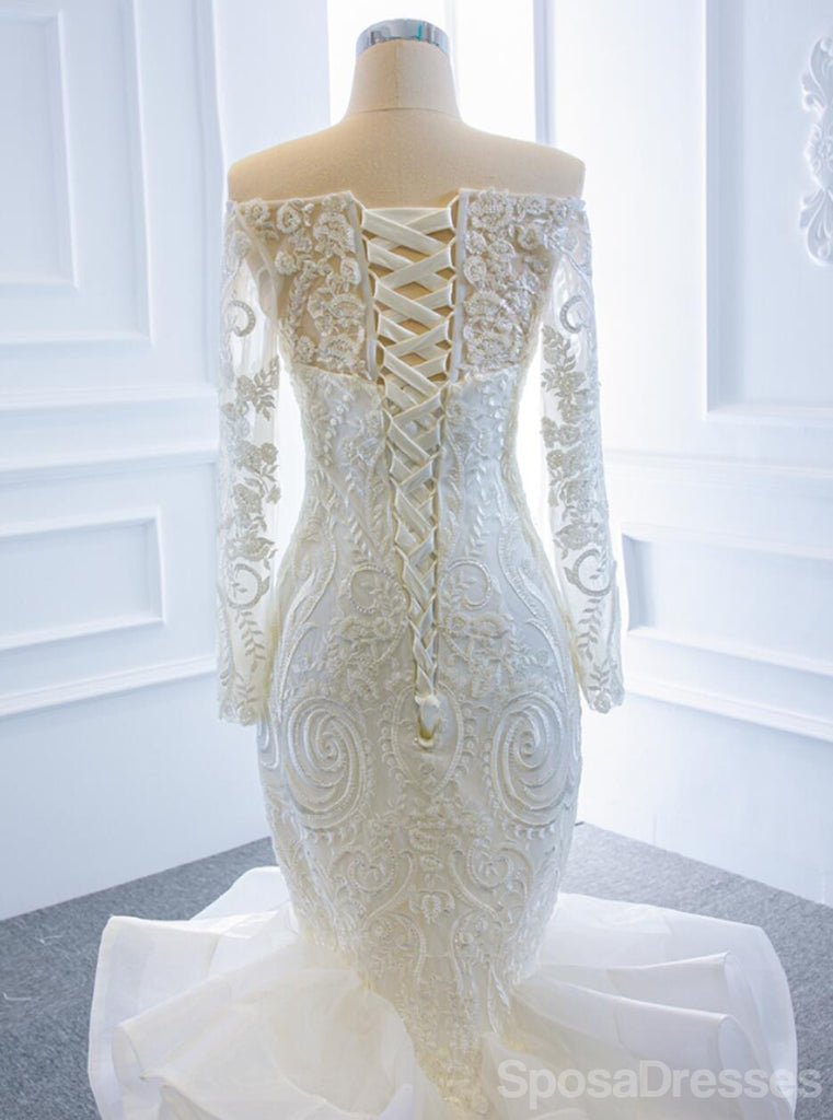 Long Off Shoulder Lace Mermaid Wedding Dresses, Cheap Wedding Gown, WD719