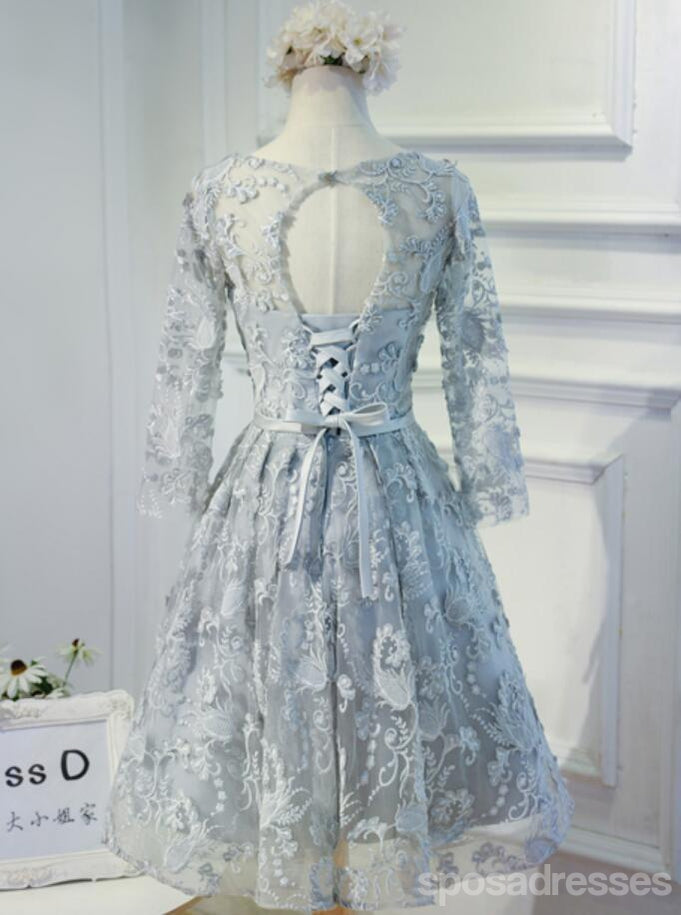 Long Sleeve Grey Lace Modest Homecoming Prom Dresses, Affordable Short Party Prom Dresses, Perfect Homecoming Dresses, CM296