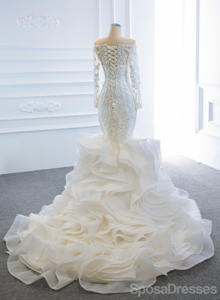 Long Off Shoulder Lace Mermaid Wedding Dresses, Cheap Wedding Gown, WD719