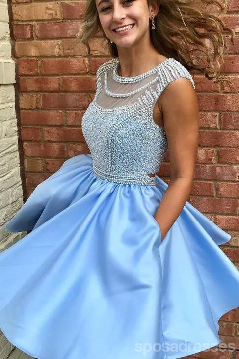 Open Back Blue Cap Sleeve Soop Short Cheap Homecoming Dresses Online, CM564