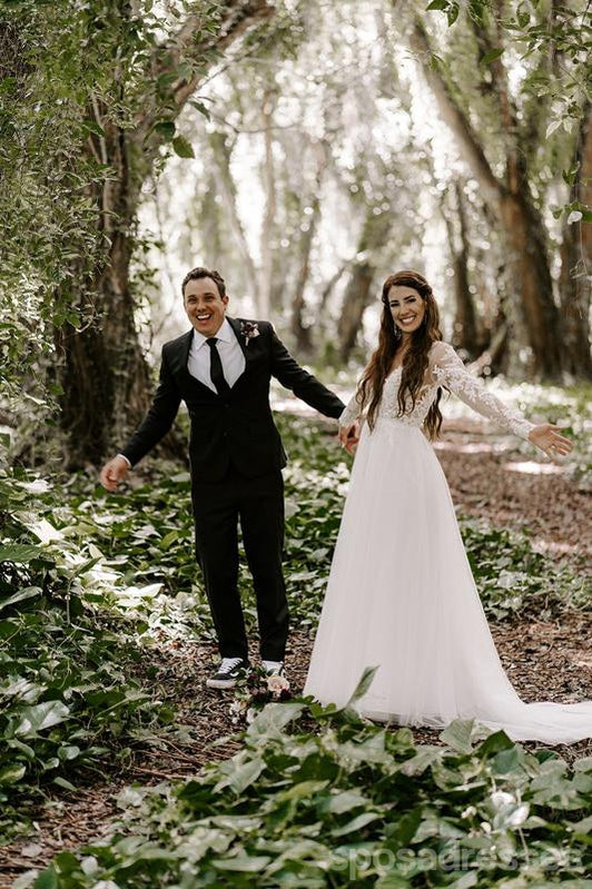 Simple Long Sleeves A-line V-neck Backless Lace Wedding Dresses,WD743