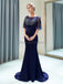 Scoop Navy Beaded 1/2 Long Sleeves Mermaid Evening Prom Dresses, Evening Party Prom Dresses, 12029