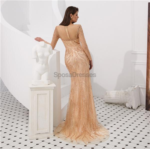 Long Sleeves Grey Heavily Beaded Mermaid Evening Prom Dresses, Evening Party Prom Dresses, 12097