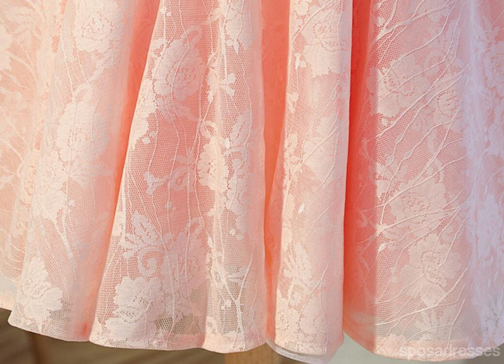 Short Sleeve Peach Lace Open Back Homecoming Prom Dresses, Affordable Short Party Prom Dresses, Perfect Homecoming Dresses, CM297