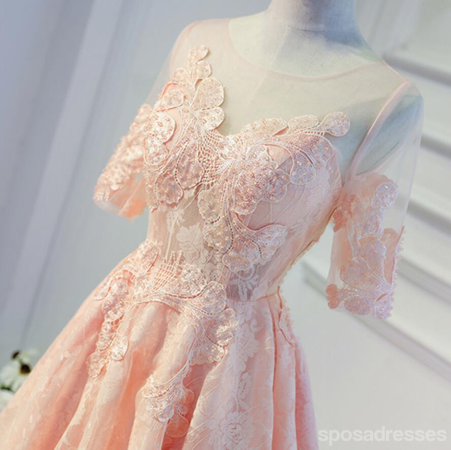 Short Sleeve Peach Lace Open Back Homecoming Prom Dresses, Affordable Short Party Prom Dresses, Perfect Homecoming Dresses, CM297