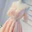 Short Sleeve Peach Lace Open Back Homecoming Prom Dresses, Affordable Short Party Prom Dresses, Perfect Homecoming Dresses, CM297