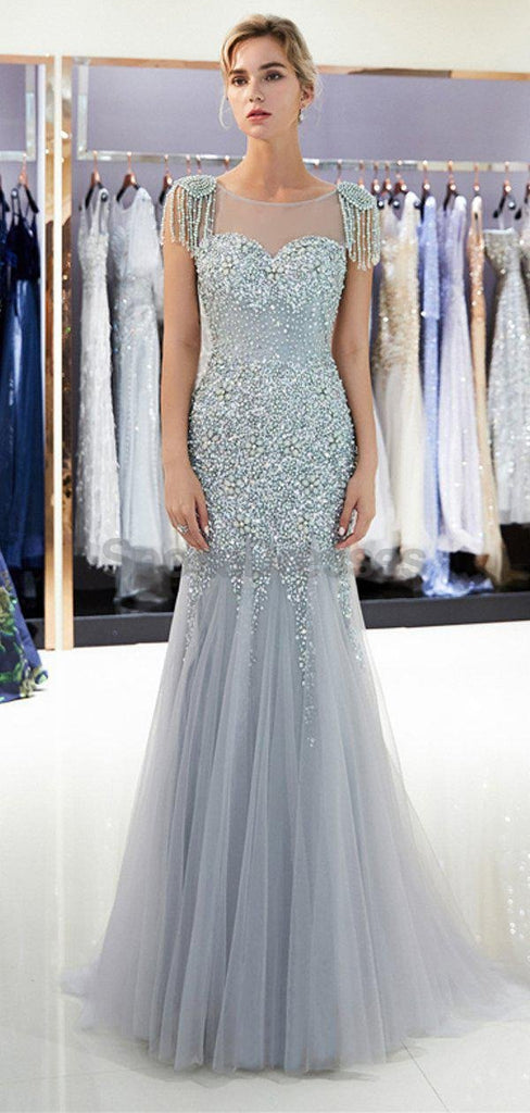 Scoop See Through Grey Rhinestone Beaded Mermaid Evening Prom Dresses, Evening Party Prom Dresses, 12041