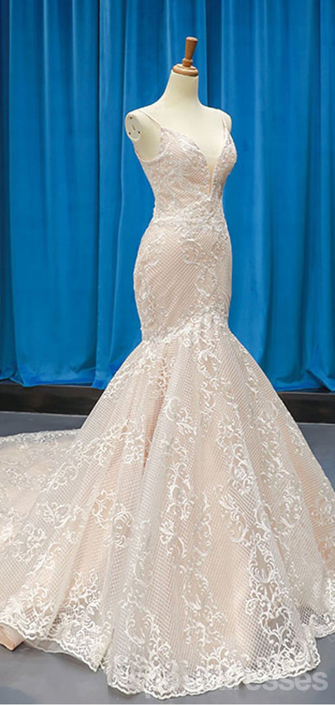 Spaghetti Straps V Neck Lace Mermaid Wedding Dresses, Cheap Wedding Gown, WD718