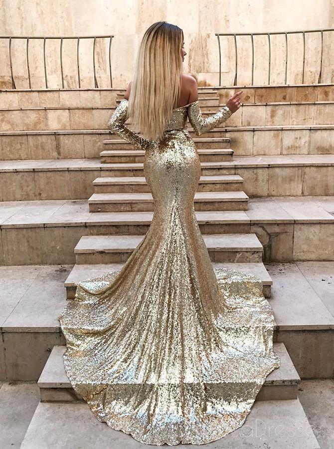 Sparkly Gold Sequin Long Sleeves Mermaid Evening Prom Dresses, Cheap Custom Sweet 16 Dresses, 18539