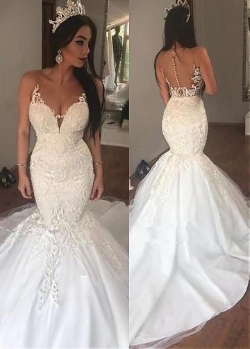 Sexy Long Mermaid Sleeveless V-neck Lace Wedding Dresses,WD774