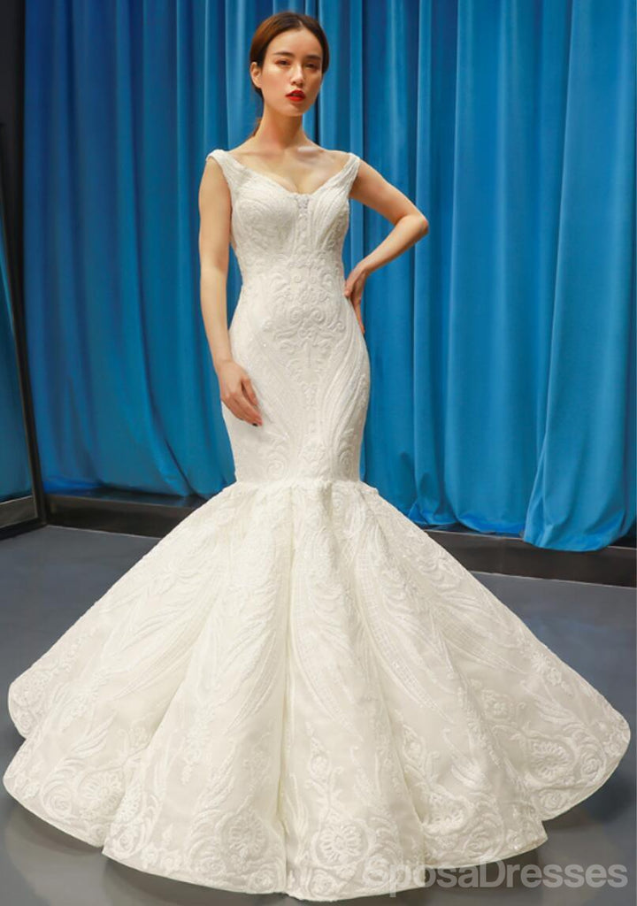 Popular V Neck Lace Mermaid Wedding Dresses, Cheap Wedding Gown, WD724