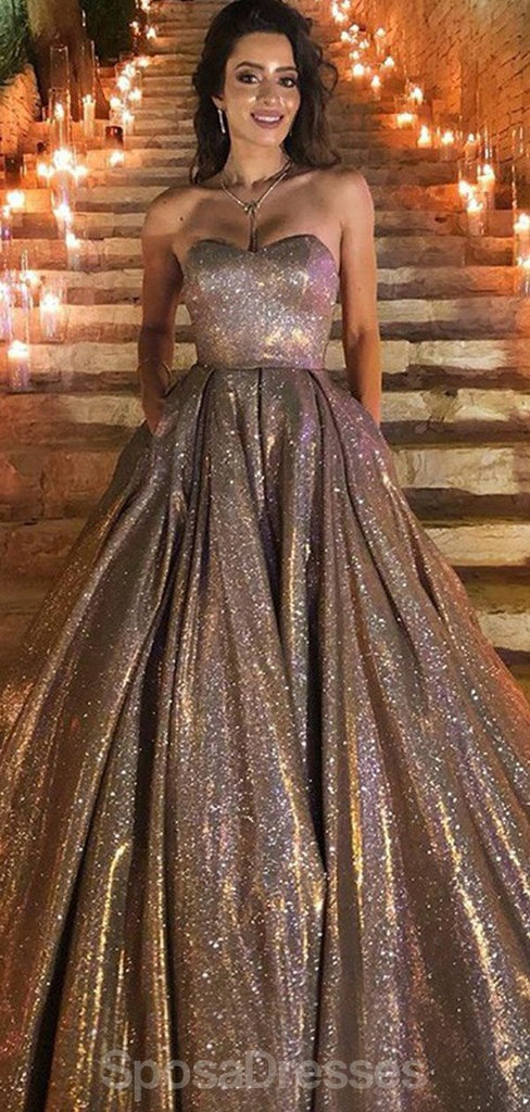 Sweetheart Neck Gold Sequin A-line Cheap Long Evening Prom Dresses, Evening Party Prom Dresses, 12350