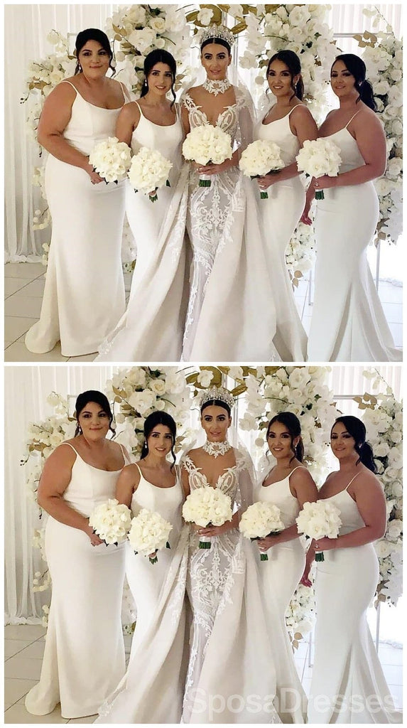 Off White Spaghetti Straps Scoop Mermaid Long Bridesmaid Dresses Online, WG666