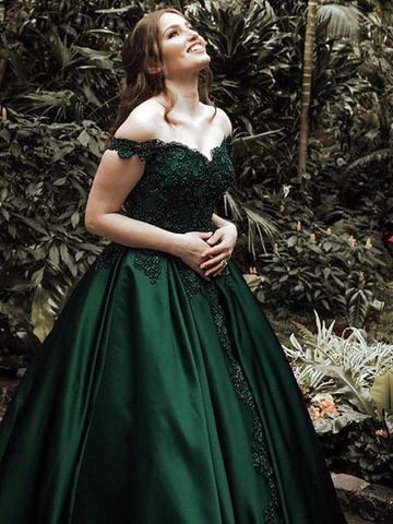 Off Shoulder Dark Green A-line Long Evening Prom Dresses, Cheap Sweet 16 Dresses, 18366