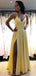 Simple V Neck Side Slit Yellow Long Evening Prom Dresses, Evening Party Prom Dresses, 12141