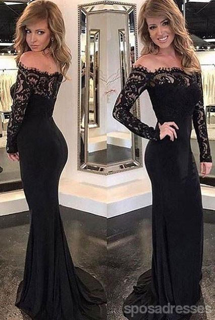 Sexy Black Off Shoulder Long Sleeves Lace Mermaid Custom Long Evening Prom Dresses, 17377