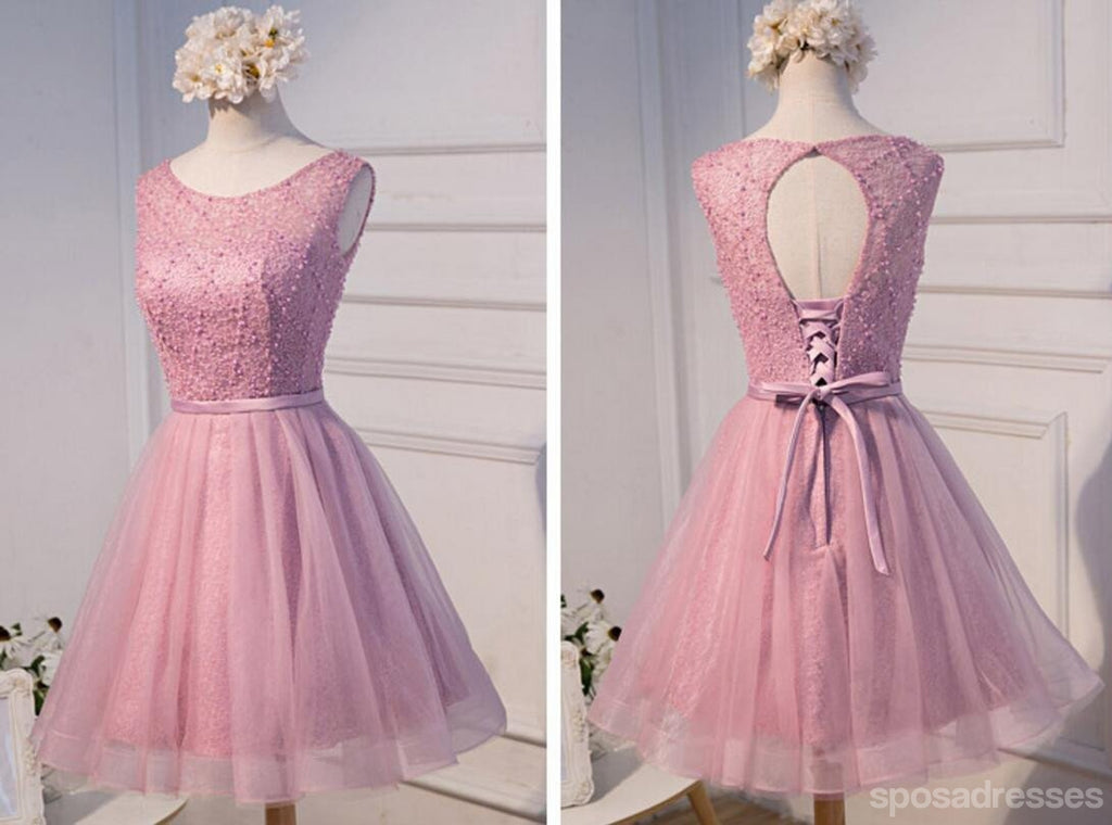 Sexy Open Back Pink Beaded Cute Homecoming Prom Dresses, Affordable Short Party Prom Dresses, Perfect Homecoming Dresses, CM303