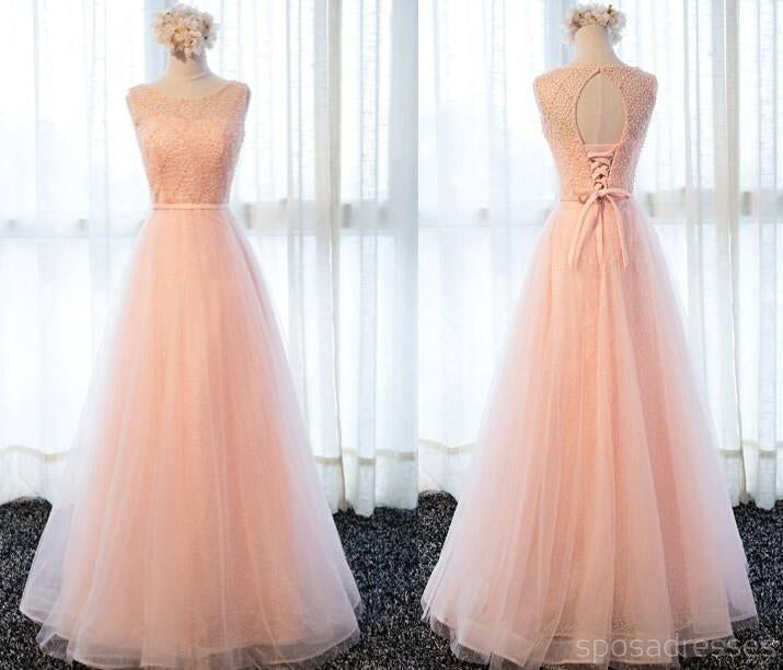 Gray Lace Beaded Soft Tulle Long Bridesmaid Dresses, BD018