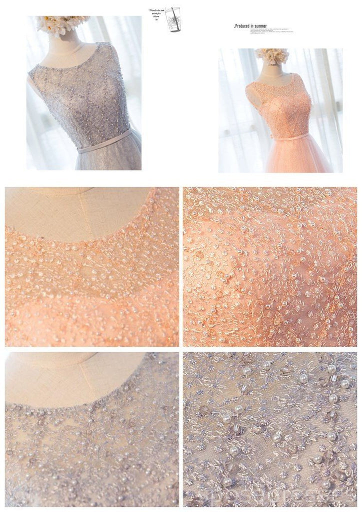 Gray Lace Beaded Soft Tulle Long Bridesmaid Dresses, BD018