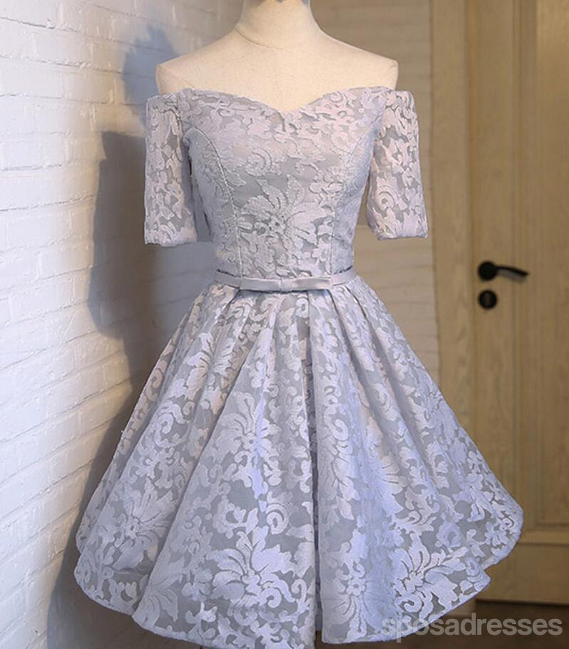 Off Shoulder Short Sleeve Gray Lace Cute Homecoming Prom Dresses, Affordable Short Party Prom Dresses, Perfect Homecoming Dresses, CM304