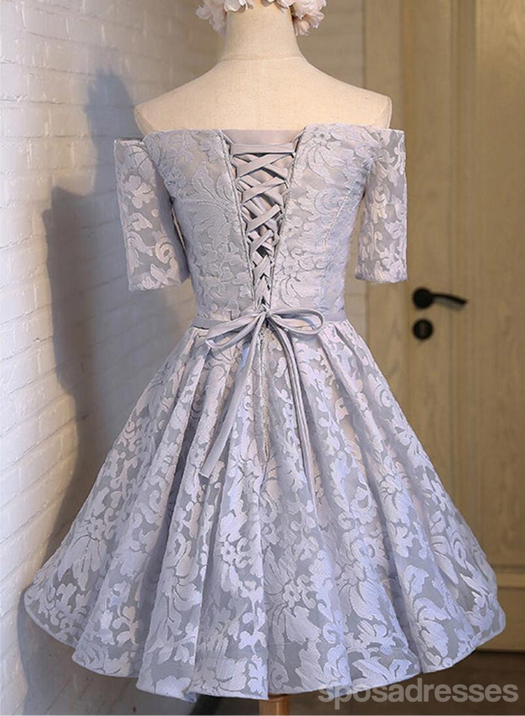 Off Shoulder Short Sleeve Gray Lace Cute Homecoming Prom Dresses, Affordable Short Party Prom Dresses, Perfect Homecoming Dresses, CM304