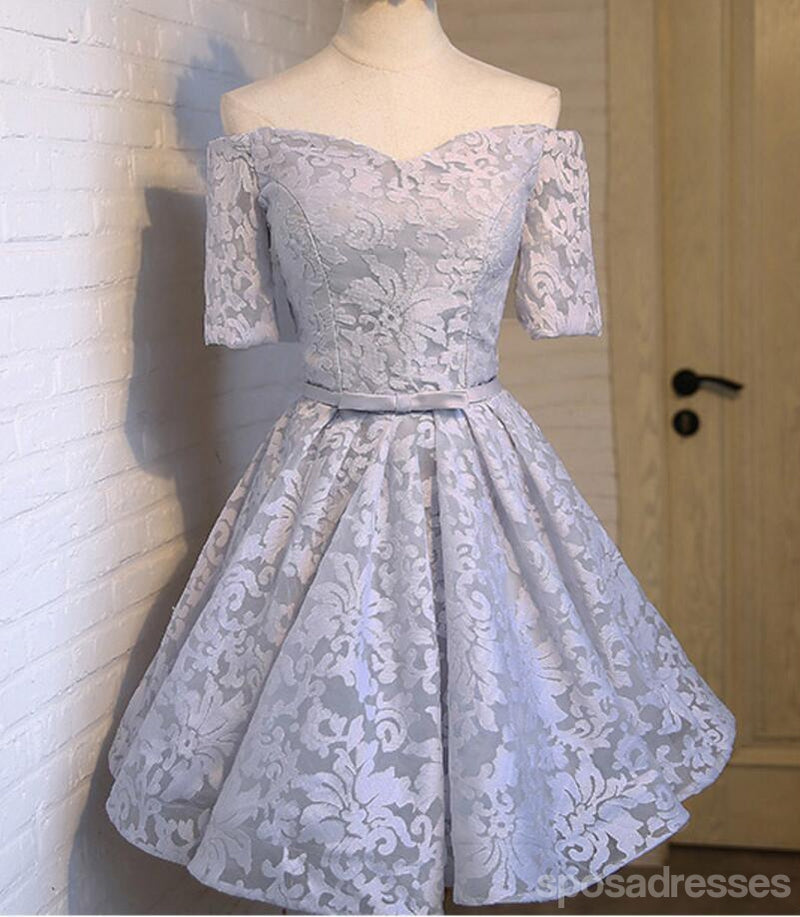 Off Shoulder Short Sleeve Gray Lace Cute Homecoming Prom Dresses, Affordable Short Party Prom Dresses, Perfect Homecoming Dresses, CM304